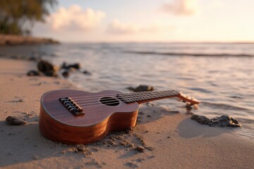 Ukulele resting on a tranquil sandy beach at sunset.