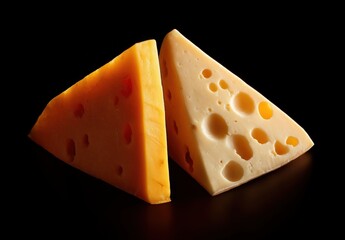 Two varieties of cheese against a dark background.