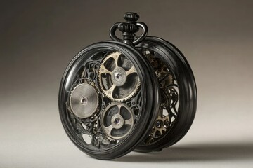 Intricate skeleton pocket watch with exposed gears and meticulous craftsmanship, showcasing mechanical artistry.