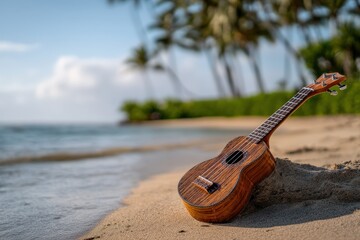 Ukulele resting on a sandy tropical beach.