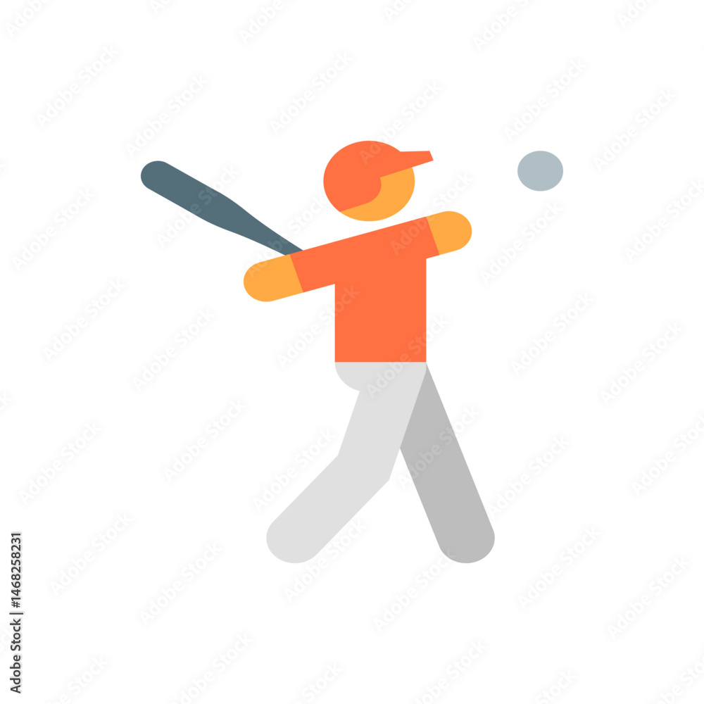 Poster illustration of a baseball player swinging a bat at a ball with simple shapes and bright color palet