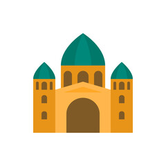 Illustration of a building with a large dome and two smaller domes on the sides with arches and windows