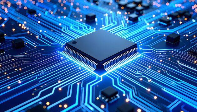 Futuristic glowing microprocessor chip on complex circuit board with neon pathways and high-tech patterns