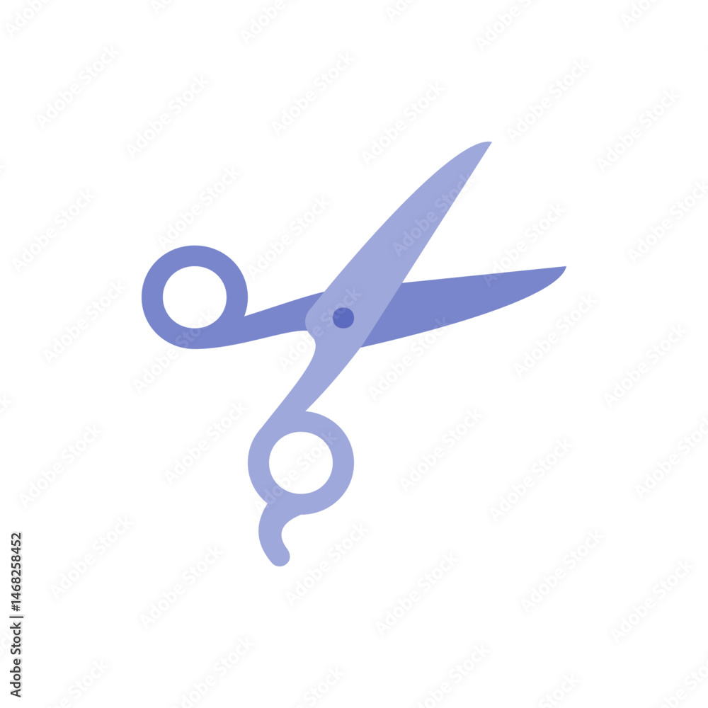 Poster illustration of light purple open scissors with rounded handles and sharp blades on a white backgrou