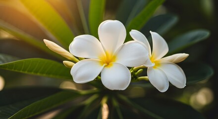 Fototapeta premium Blooming White Flower with Green Leaves in Natural Sunlight