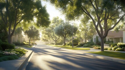 Fototapeta premium Sunny residential street lined with trees, morning light, ideal for real estate