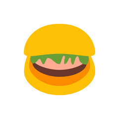 Illustration of a cartoon style hamburger with yellow bun, green lettuce, and various meat layers, flat