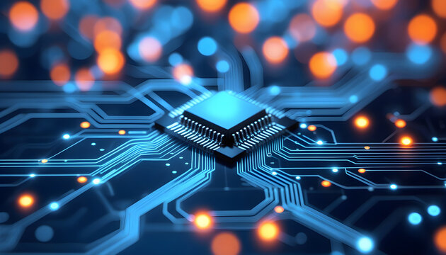 Abstract glowing microprocessor chip with neon circuits on a high-tech motherboard
