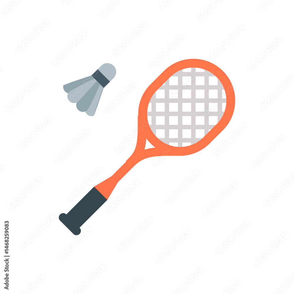 Poster illustration of a badminton racket with an orange frame and a shuttlecock on a white background scen