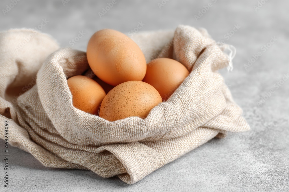 Aufkleber reusable cloth wrap containing fresh eggs on a neutral background in a minimalist setting generative