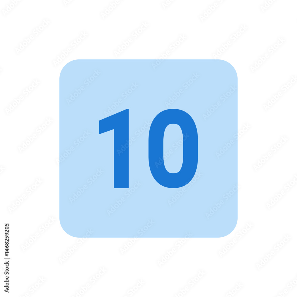 Poster illustration of the number ten in blue on a light blue rounded square background with simple design 