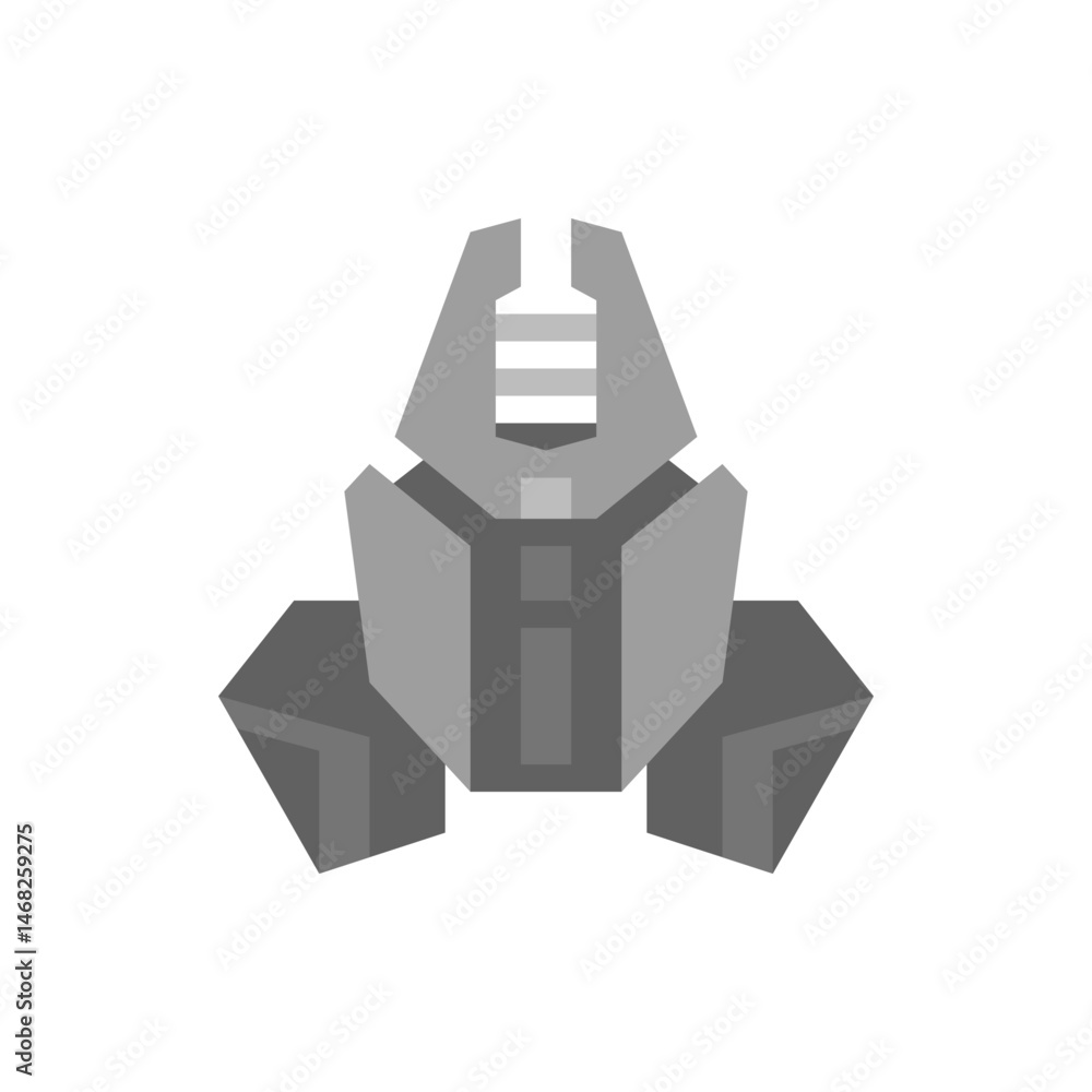 Poster illustration of a gray abstract spaceship with geometric shapes against a white background in a simp