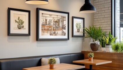 Modern cafe interior with framed plant artwork.