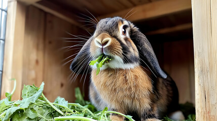 Close Up Of Brown Rabbit Eating Green Vegetables In Wooden Box