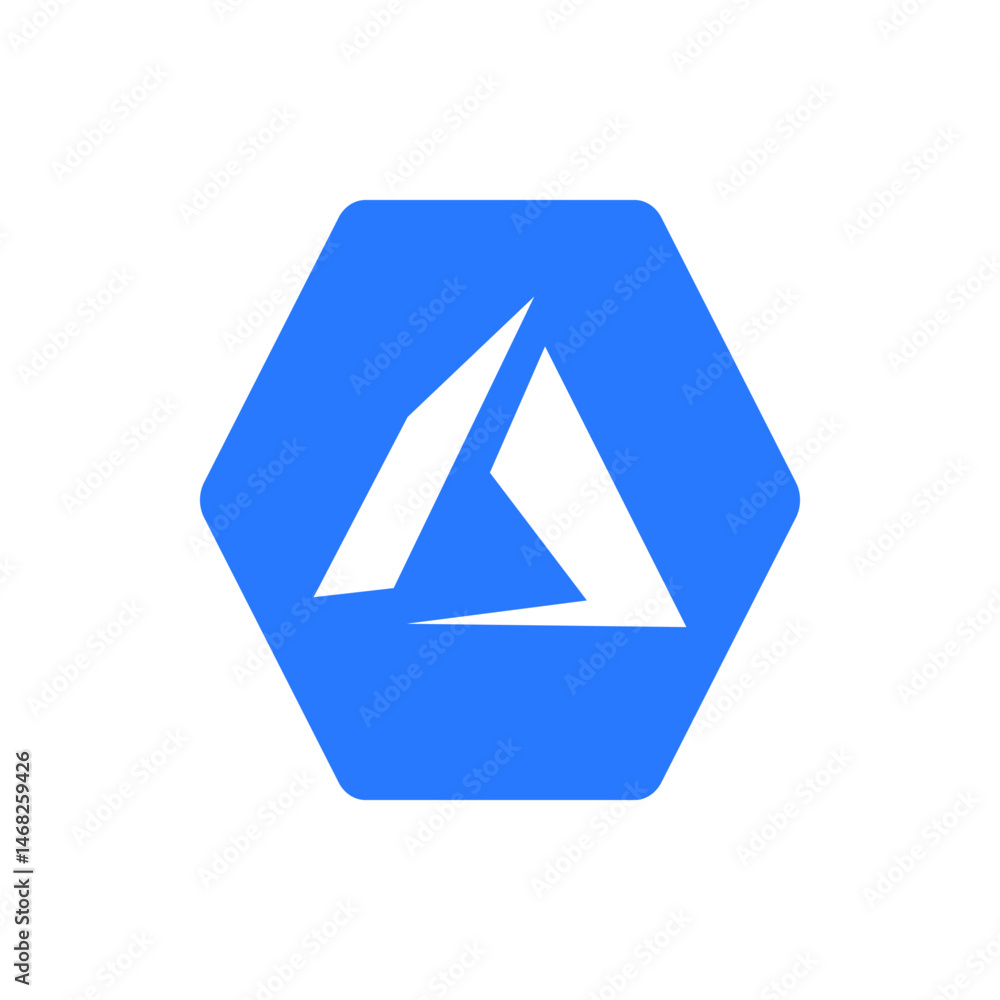 Aufkleber illustration of a blue hexagon containing a white abstract triangle shape in the center of the hexag