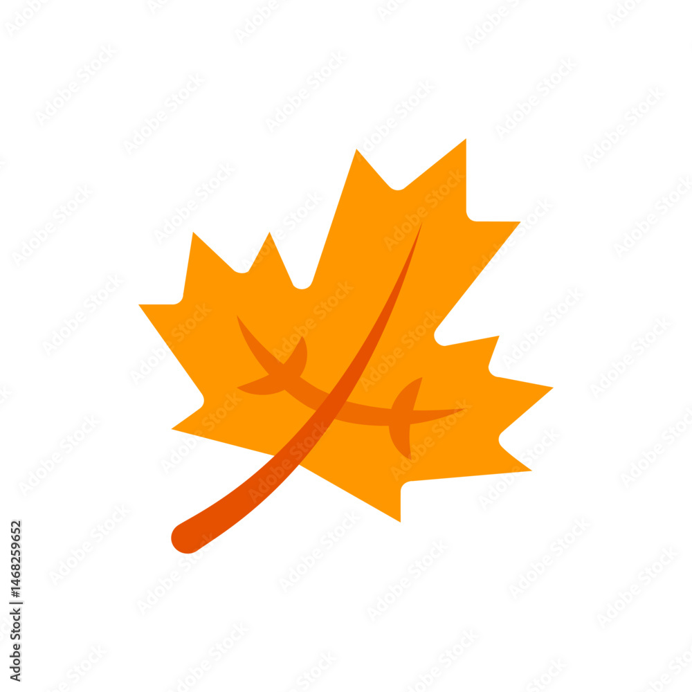 Poster illustration of a single orange maple leaf with visible veins on a white background in a simple styl