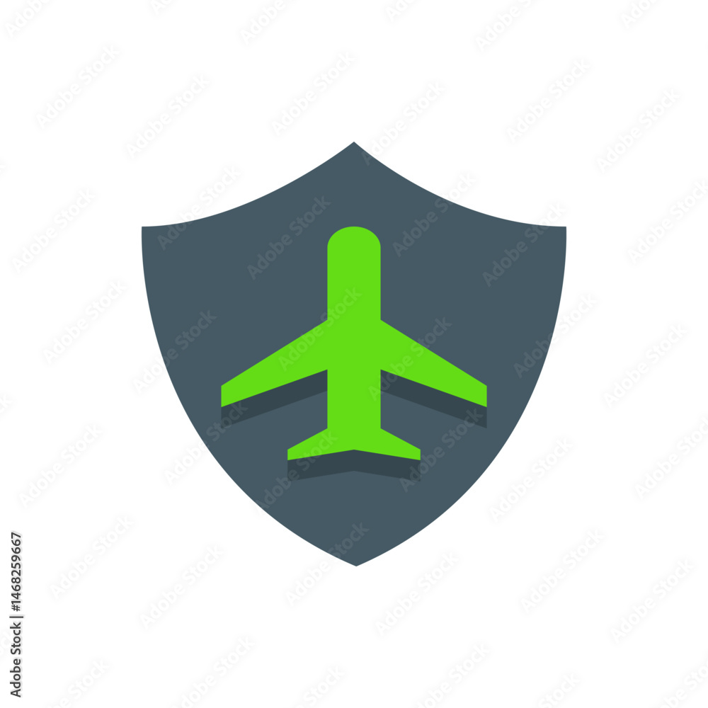 Poster green airplane icon centered on a shield with a gray background and a drop shadow effect displayed n