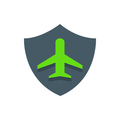 Green airplane icon centered on a shield with a gray background and a drop shadow effect displayed neatly