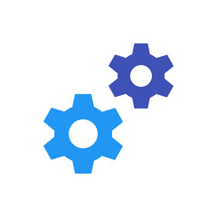 Illustration of two cogwheels in different shades of blue on a white background showing mechanical process