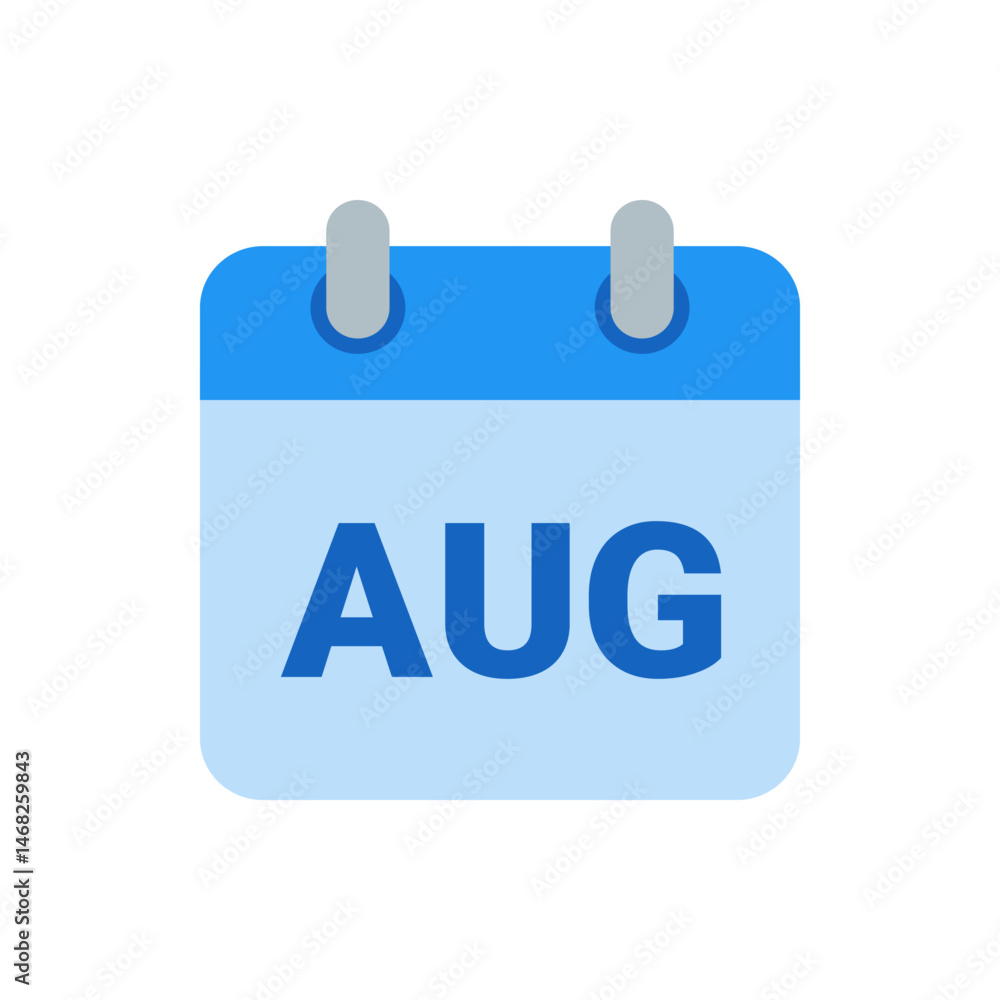 Poster illustration of a blue calendar page displaying the month of august with a simple and clean design s