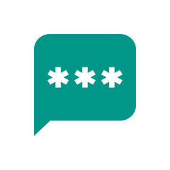 A teal speech bubble with rounded corners containing three white asterisks evenly spaced across the center