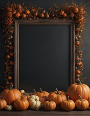 Elegant chalkboard frame with meticulously arranged pumpkins, creating a symmetrical fall display ,  frame,  seasonal