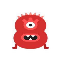 Illustration of a red cartoon monster with one eye and sharp teeth standing on two short legs design