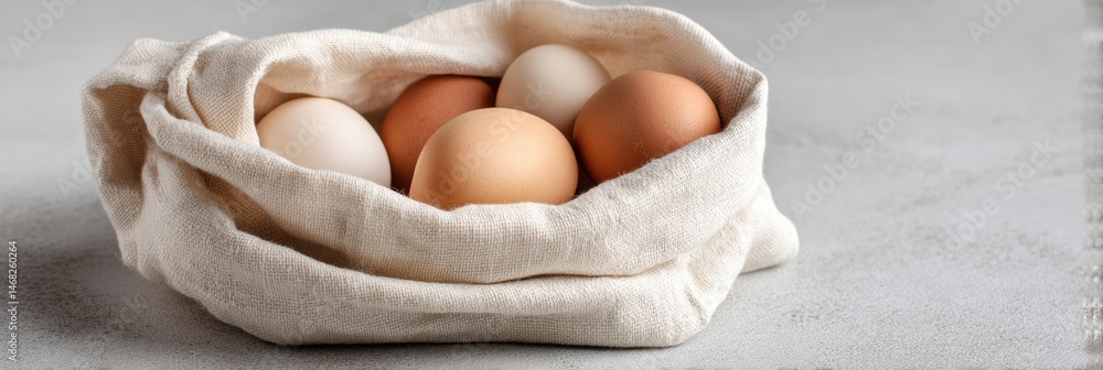 Poster fresh eggs wrapped in reusable cloth on a minimal neutral background for sustainable kitchen use gen