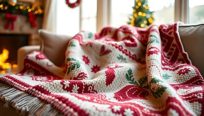 red and white blanket sitting on top of a couch