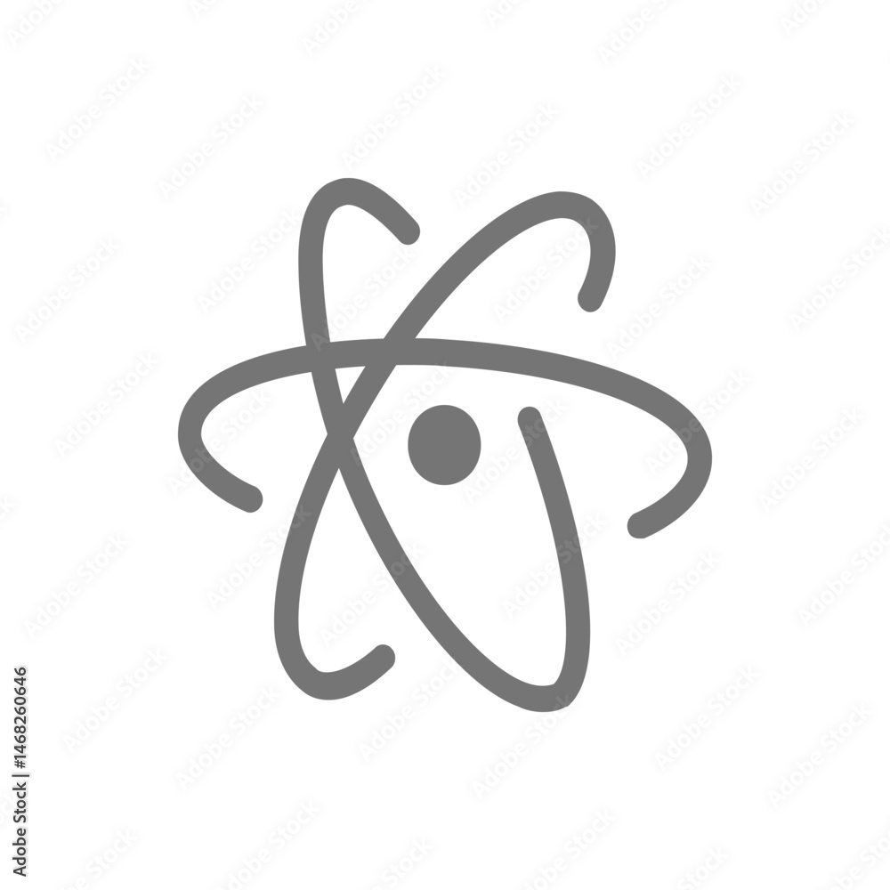 Poster a gray atom symbol with three orbiting paths and a central nucleus on a plain white background desig