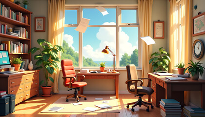 Fototapeta premium Cozy home office with green plants and scattered papers