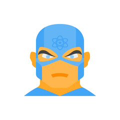 Illustration of a superhero with a blue mask and an atom symbol on his forehead in a portrait view