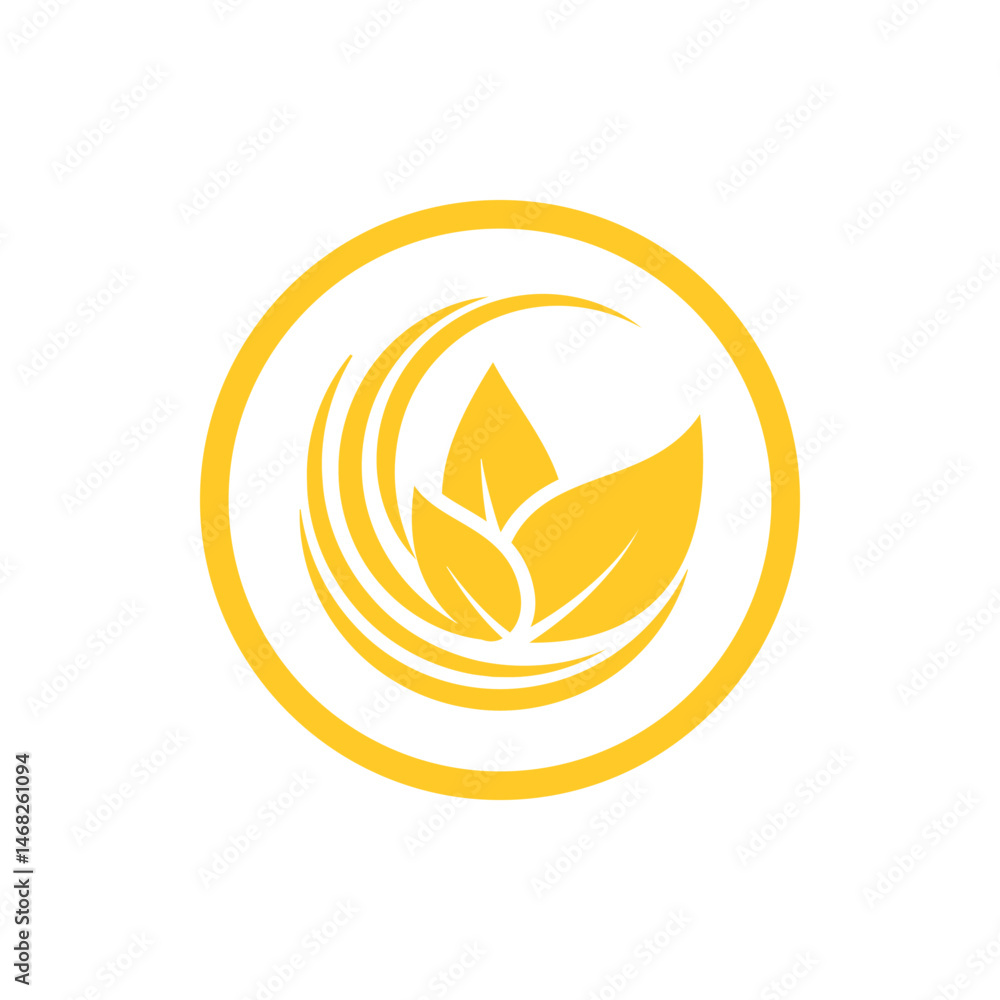 Poster a yellow circle containing three stylized leaves and curved lines on a white background design eleme