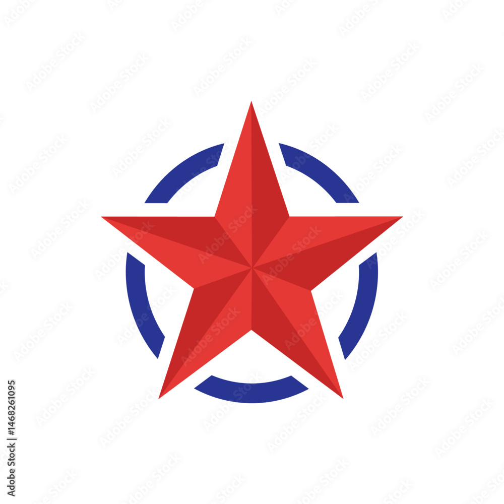 Poster a red five pointed star with a segmented blue circle behind it on a white background in a graphic de