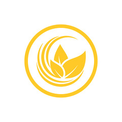 A yellow circle containing three stylized leaves and curved lines on a white background design element