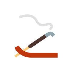 Illustration of a burning incense stick resting on a holder with visible smoke on a white background