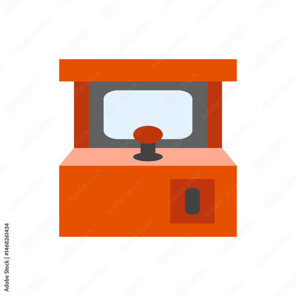 Poster illustration of an orange arcade game machine with a joystick and a screen against a white backgroun