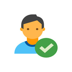 Illustration of a person icon with dark hair and a green check mark circle next to the person icon