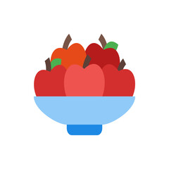 Illustration of an assortment of red and orange apples with brown stems in a blue bowl on a white background