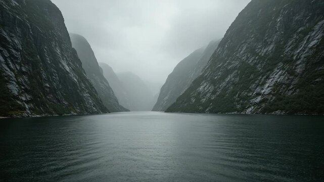 Serene fjord landscape with misty mountains and calm water  
