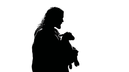 Jesus as the Good Shepherd silhouette, holding a lamb, simple silhouette black vector,  -  