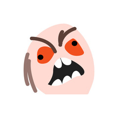 An angry face with orange eyes and a wide open mouth showing teeth and brown eyebrows is displayed here