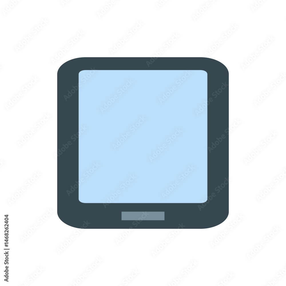 Poster illustration of a simple dark gray tablet device with a light blue screen and a gray button at the b