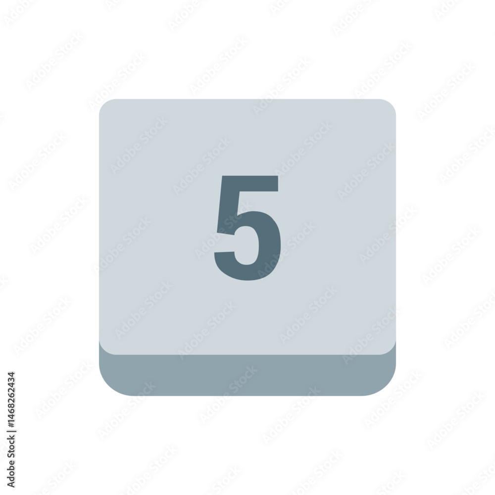 Poster illustration of a gray number five on a rounded square with a gray base against a white background i