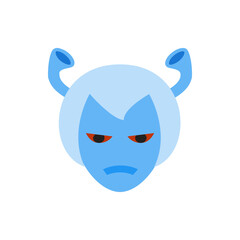 Illustration of a blue alien face with horns, red eyes, and a sad expression on a white background