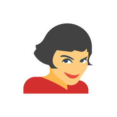 Illustration of a woman with short dark hair and a sly smile wearing a red shirt on a white background