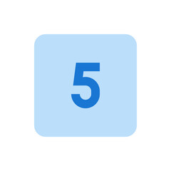 Illustration of the number five in blue on a rounded light blue square background in a simple design style