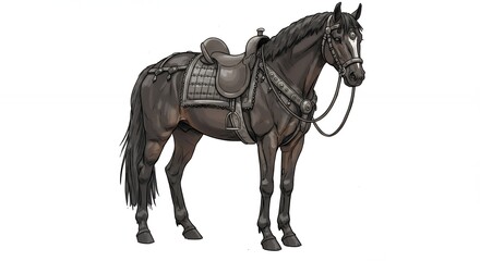 Dark gray horse with saddle and bridle