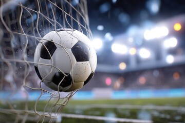 Naklejka premium Soccer ball scoring a goal under stadium lights.