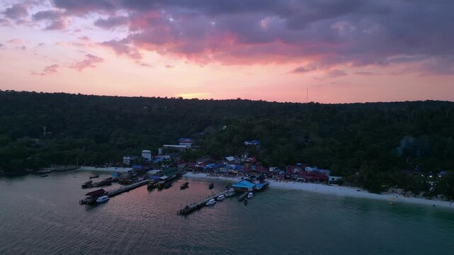 9.3.25 Koh Rong KHM, sunset island village. Lovely aerial view flight drone